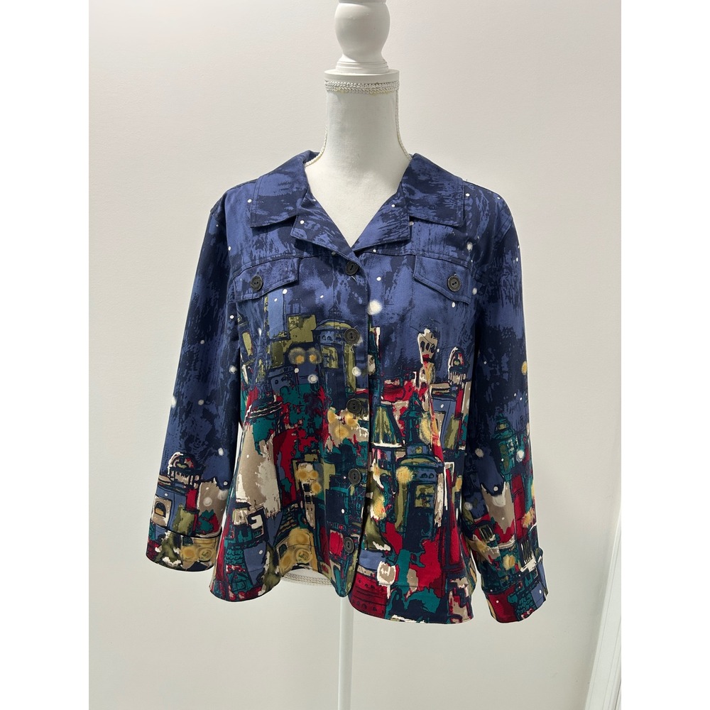 Christopher & Banks Blue Cityscape Print Cotton Button Front Jacket Womens XL